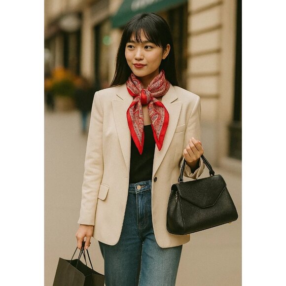 Red & Cream Paisley Square Scarf 100% Polyester 34"x34" Silk-Like Accent Versati - Picture 2 of 10